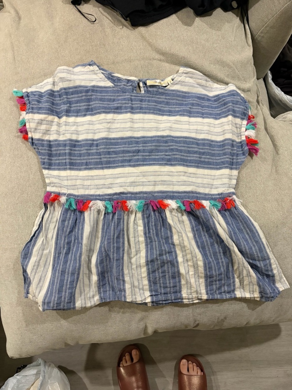 ANDREE BY UNIT Blue & White Striped Tassel Peplum Top